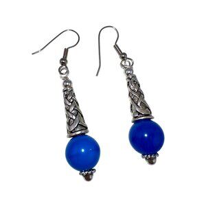 Blue Silver Dangle Earrings Cobalt Glass Bead Cone Surgical Steel